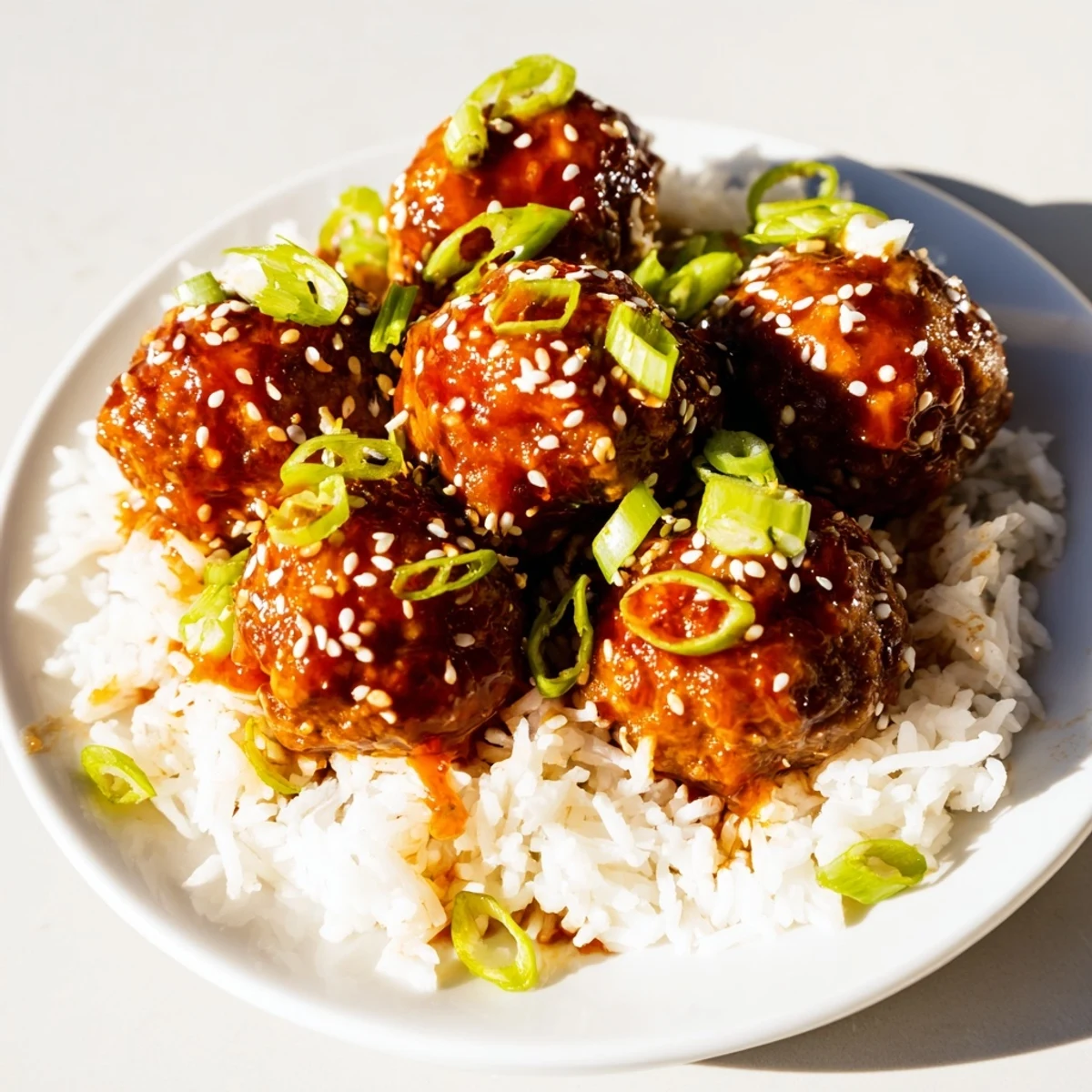 Glossy, fiery Sriracha beef meatballs glazed in honey and soy rest atop fluffy steamed white rice, ready to serve.  