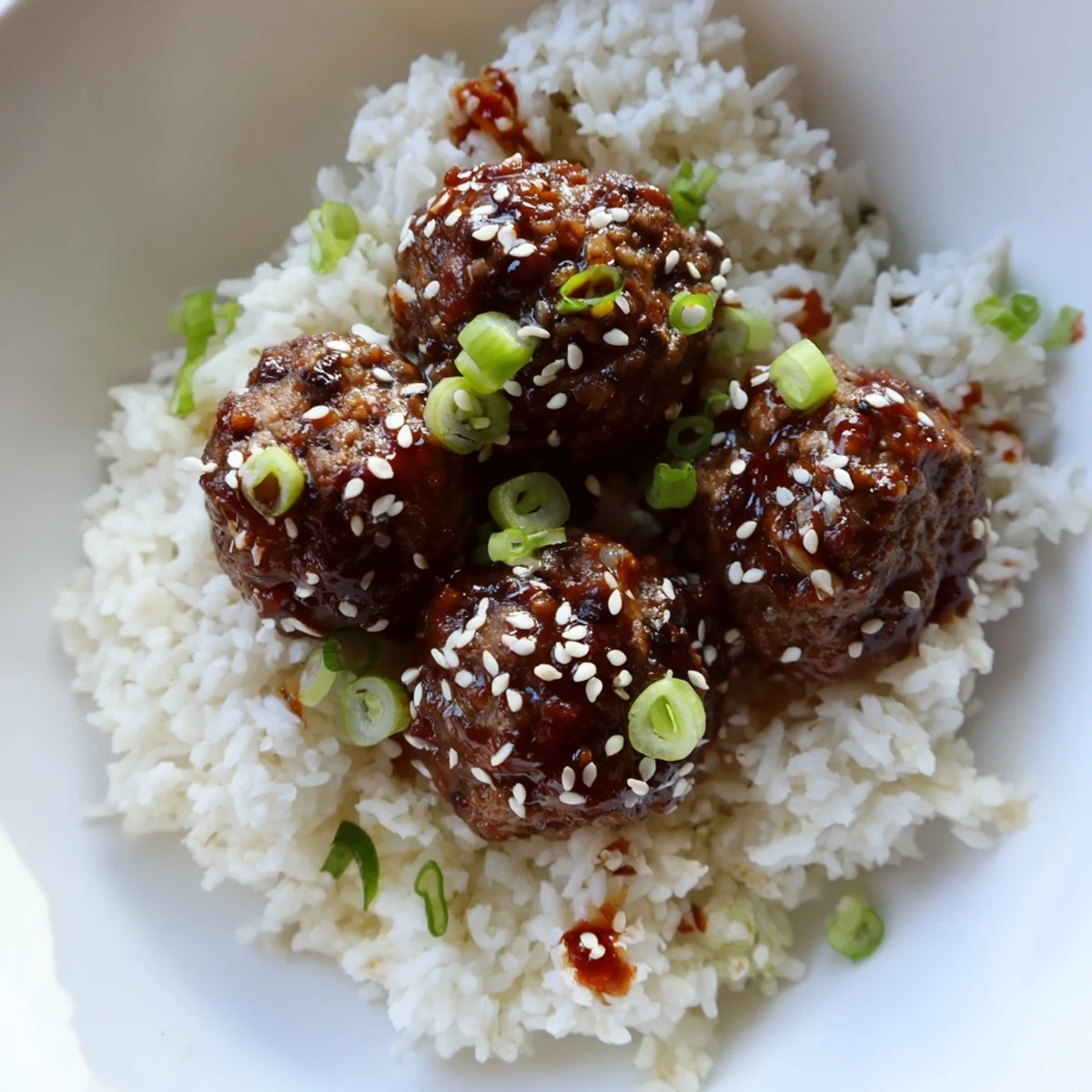 Hearty spicy Sriracha beef meatballs simmering in a glossy glaze beside tender rice, with sesame seeds and scallions.  