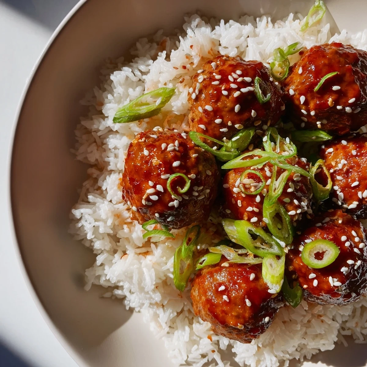 Golden-baked Sriracha beef meatballs drenched in a sticky glaze over steamed rice, garnished with green onions and sesame.
