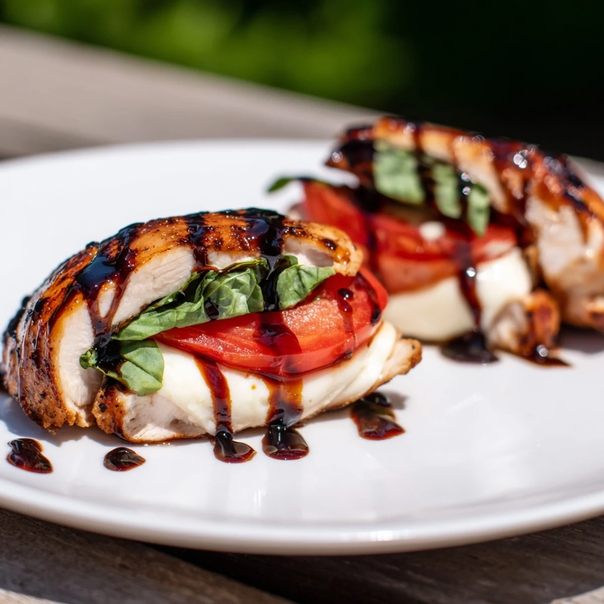 Fresh mozzarella, ripe tomato, and basil peek from golden, baked Caprese Stuffed Chicken Breast with Balsamic Glaze on a rustic platter.