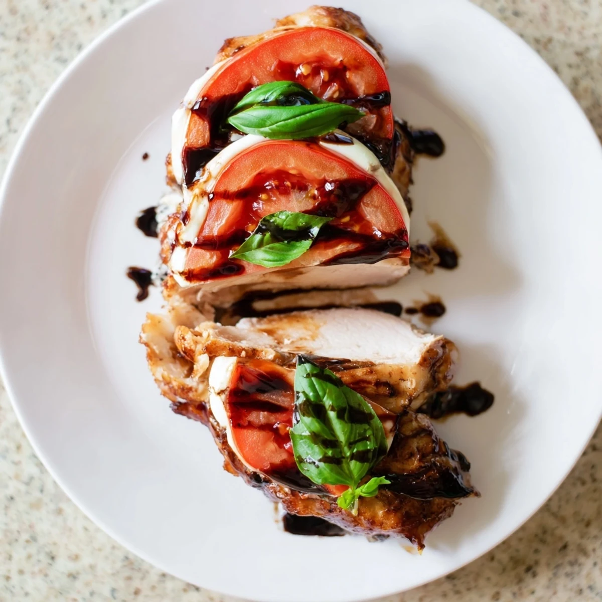 A juicy Caprese Stuffed Chicken Breast with Balsamic Glaze sliced to reveal melted cheese and vibrant red tomato.
