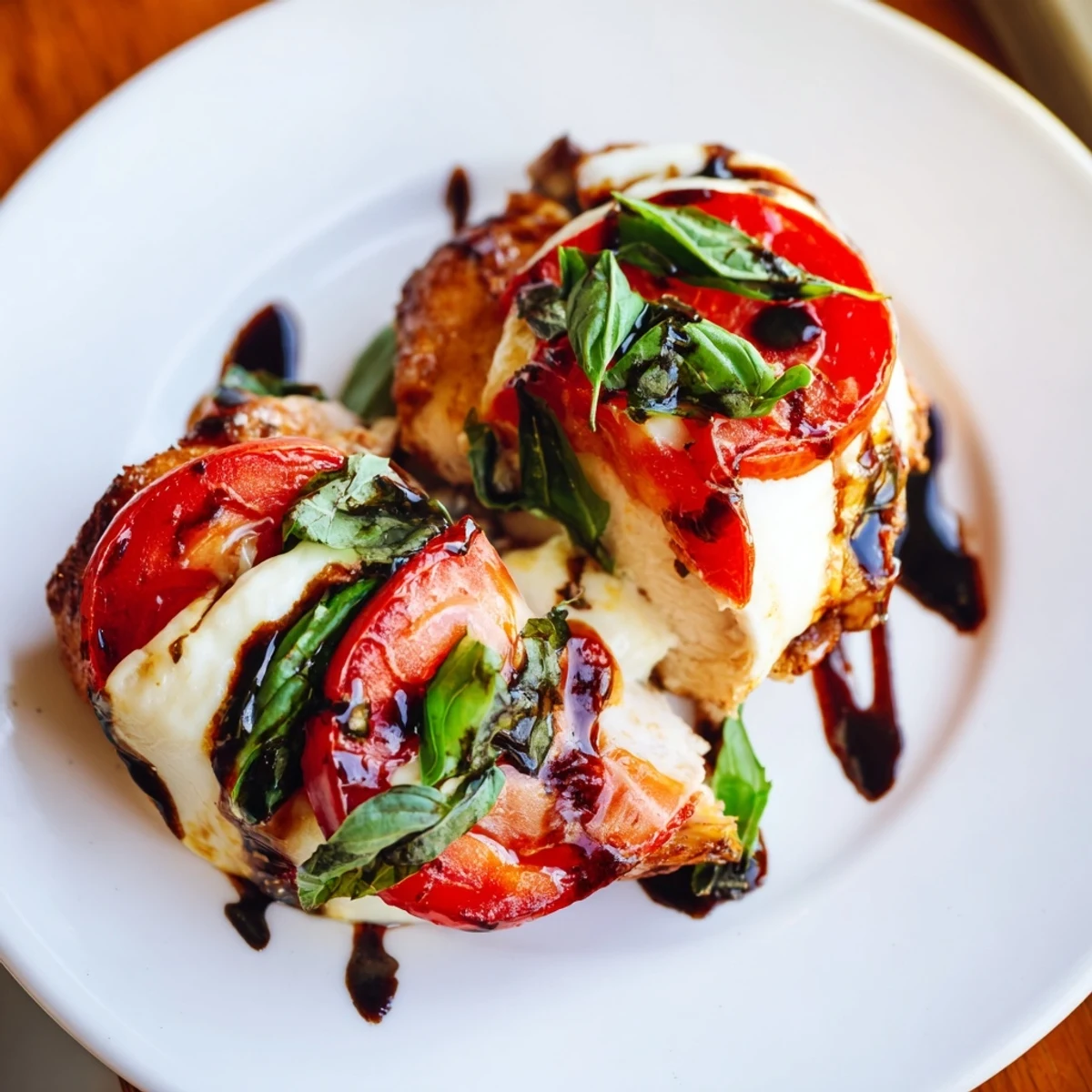 Sliced Caprese Stuffed Chicken Breast with Balsamic Glaze drizzled glossy and served alongside a simple green salad.