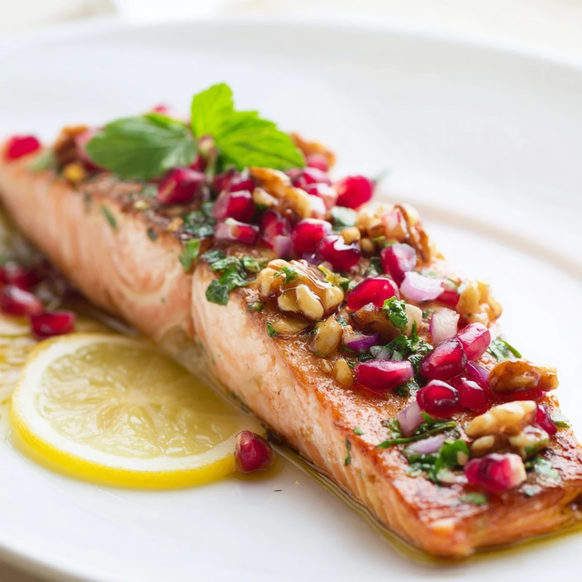 Baked Salmon with Pomegranate Walnut Salsa glistens on a plate with ruby-red seeds and crunchy toasted walnuts.  