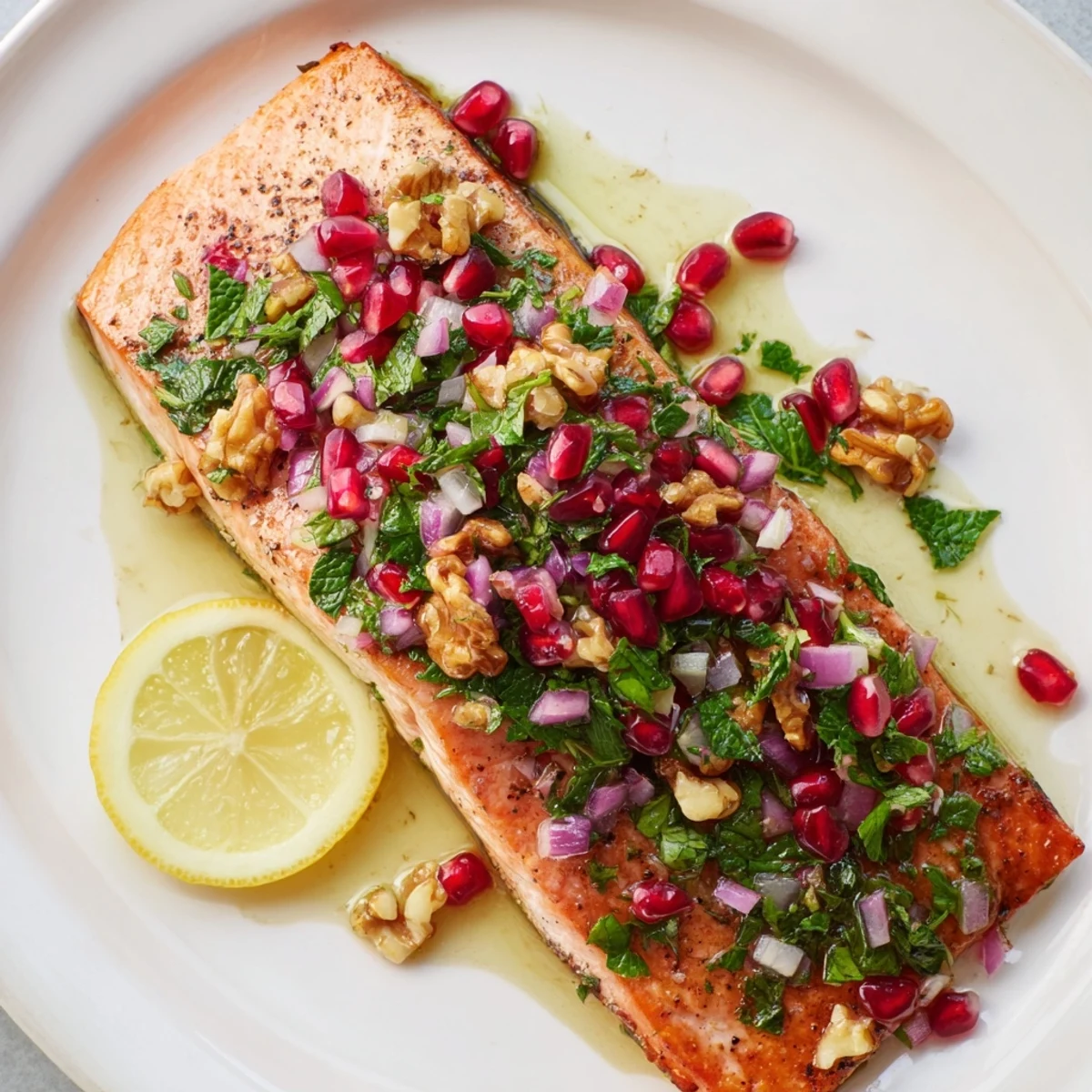 A generous spoonful of pomegranate walnut salsa tops the tender salmon, ready to serve with quinoa.
