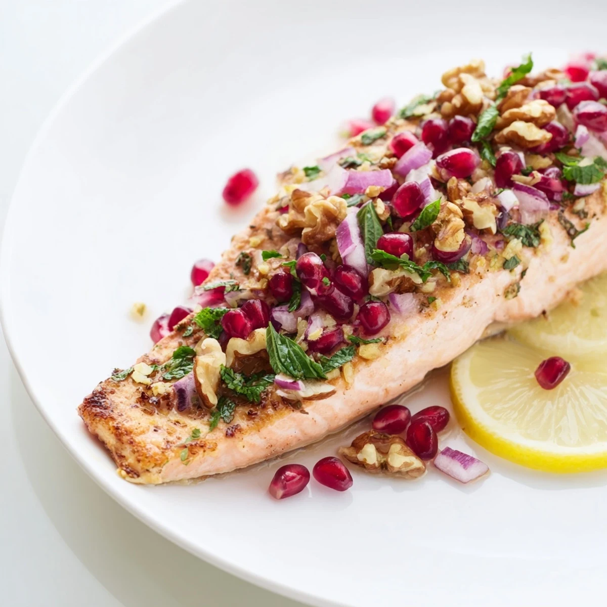 Fresh herbs and lemon slices garnish this vibrant Mediterranean-inspired Baked Salmon with Pomegranate Walnut Salsa.  