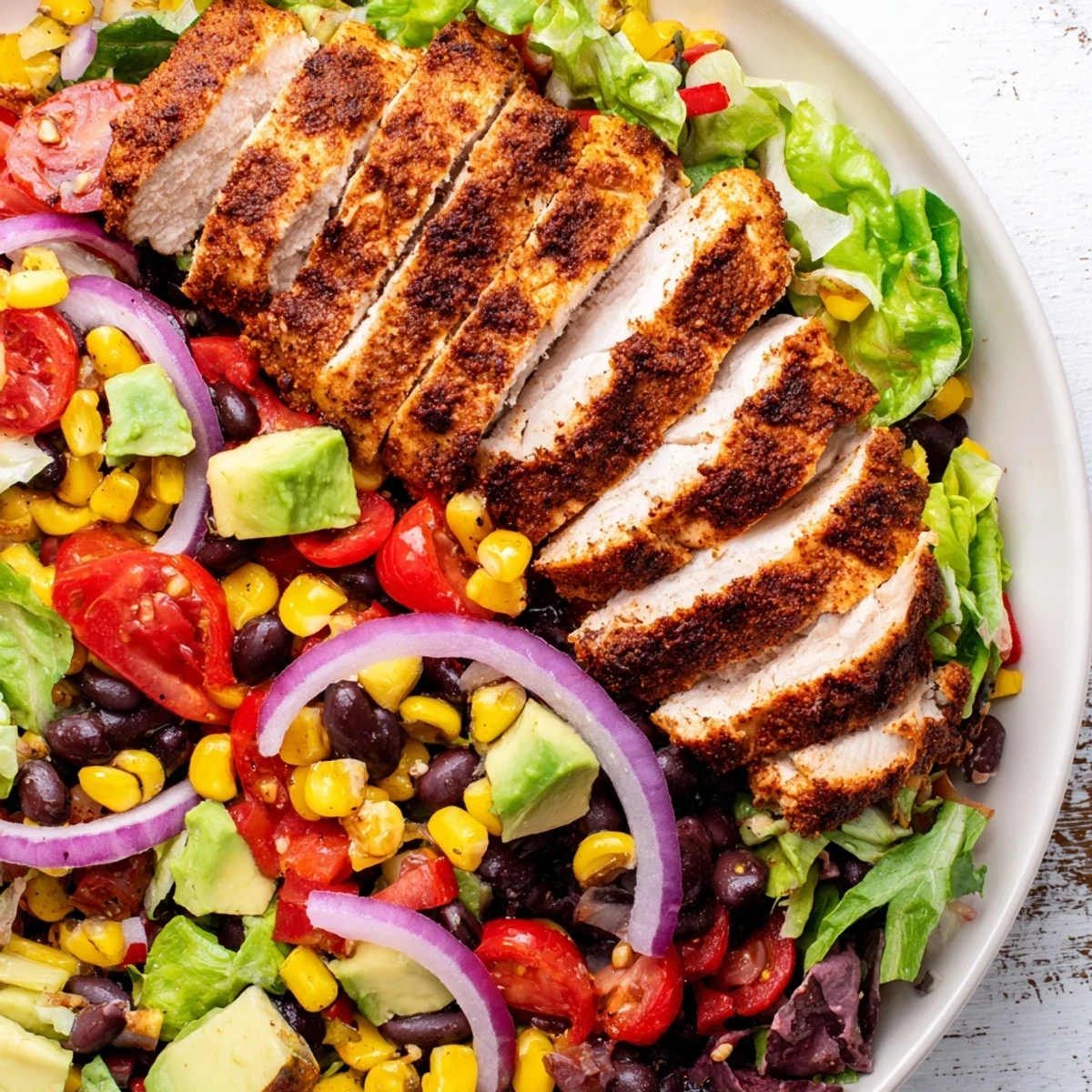 Southwest Chicken Salad with Lime Dressing features grilled chicken slices atop a vibrant mix of corn, black beans, and crisp romaine.