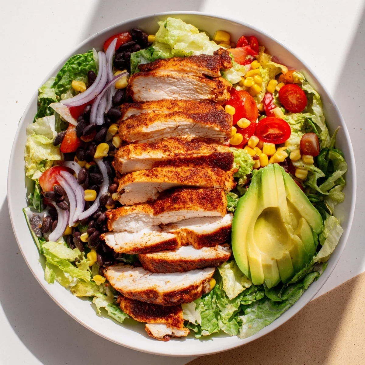 A close-up view of Southwest Chicken Salad with Lime Dressing, showcasing creamy avocado, juicy tomatoes, and a zesty lime drizzle.