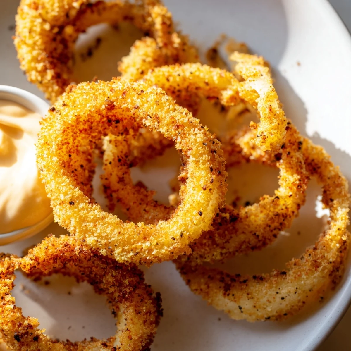 Crispy air fryer onion rings with dip garnished with parsley, steaming hot and ready for dipping.
