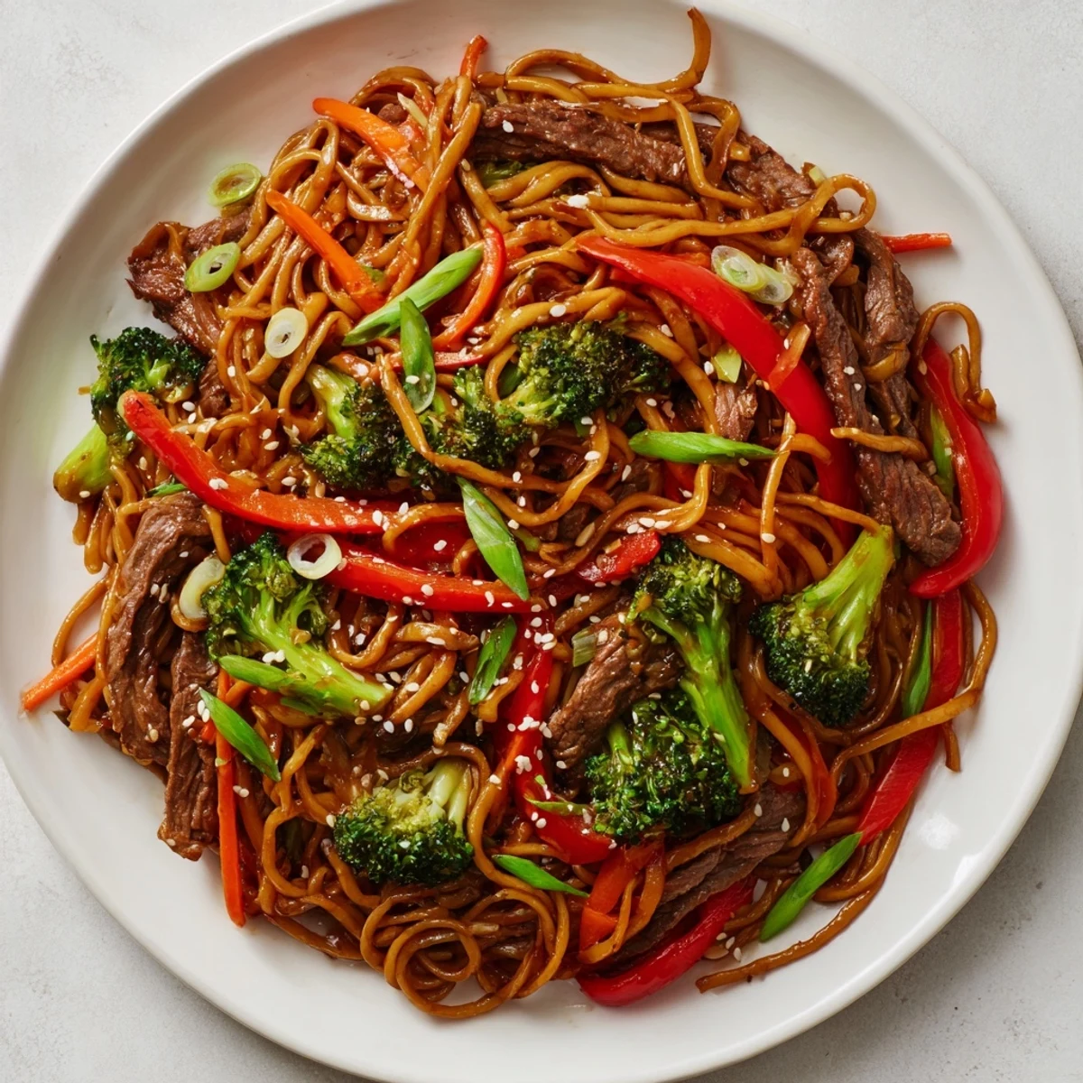 Tender beef and crisp broccoli rest on sesame-scented noodles, garnished with fresh green onions and sesame seeds.