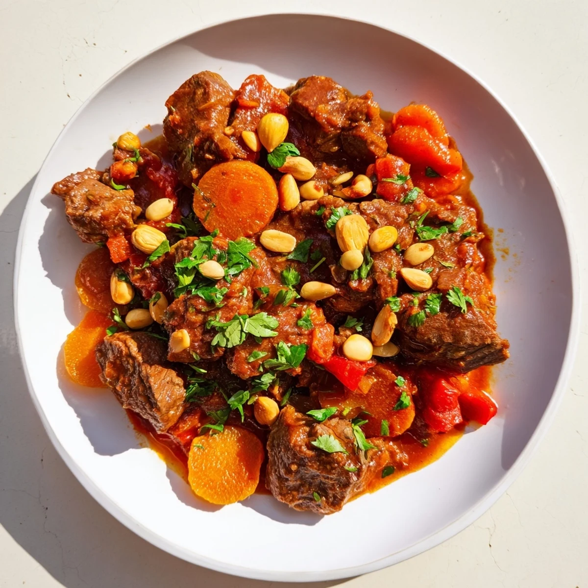 The tender, slow-cooked lamb chunks glisten in a rich, spiced tomato and apricot sauce, garnished with fresh cilantro and toasted almonds.