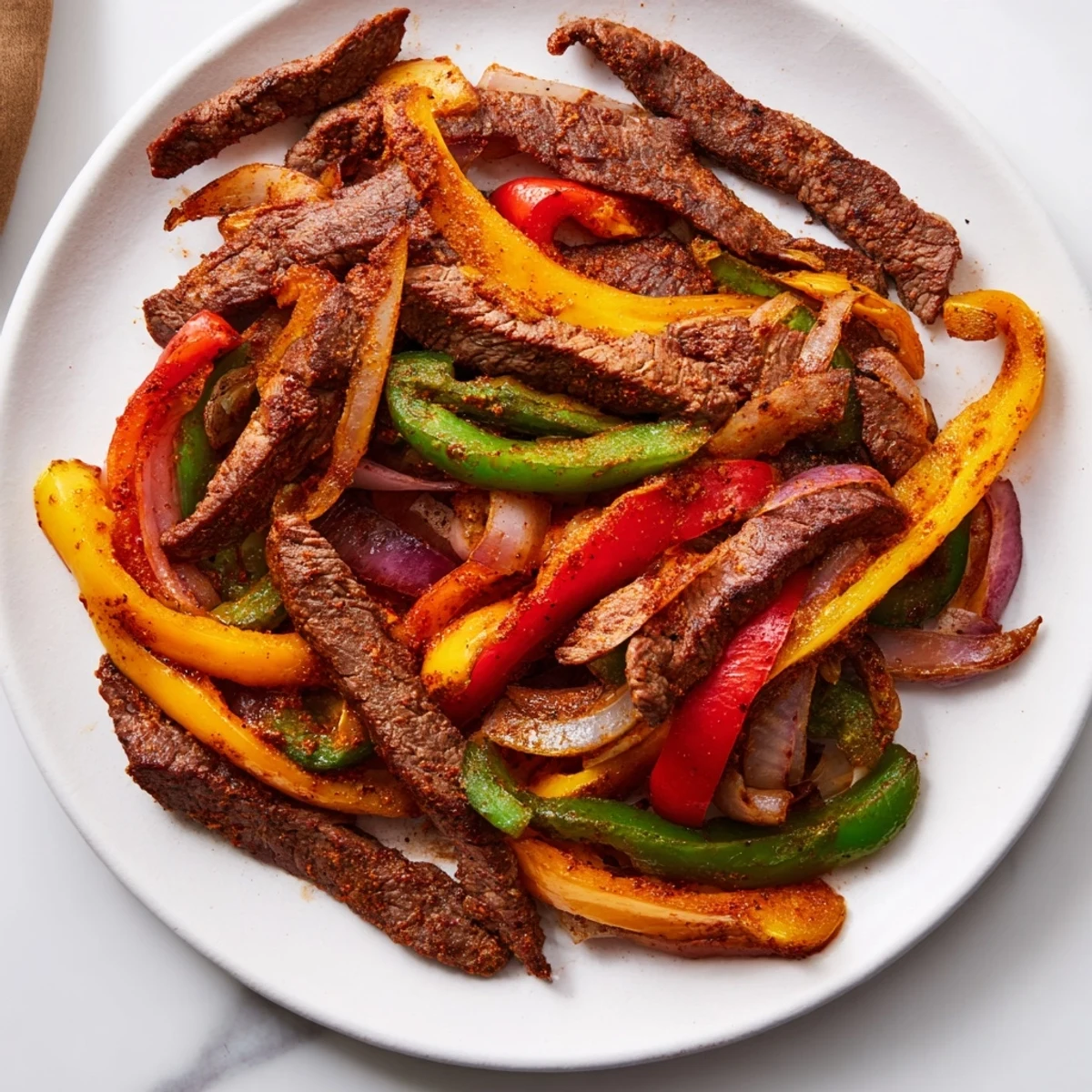 Golden-brown steak strips and vibrant roasted bell peppers and onions on a sheet pan, ready for Sheet Pan Steak Fajitas.