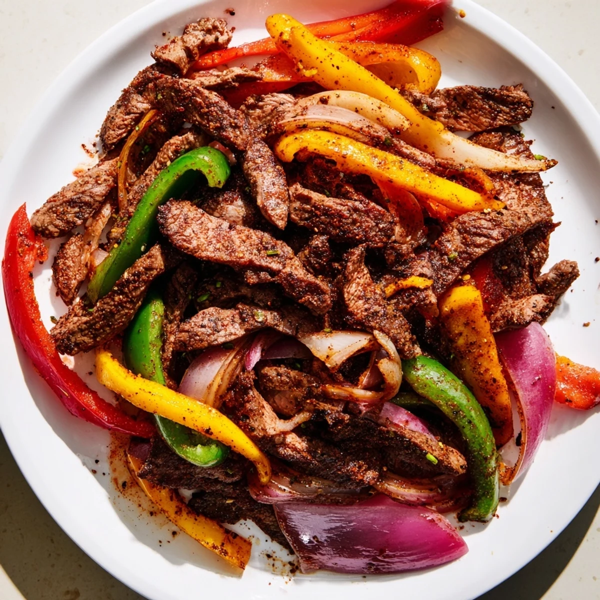 A close-up of seasoned steak and colorful vegetables sizzling on a baking sheet, perfect for easy Sheet Pan Steak Fajitas.