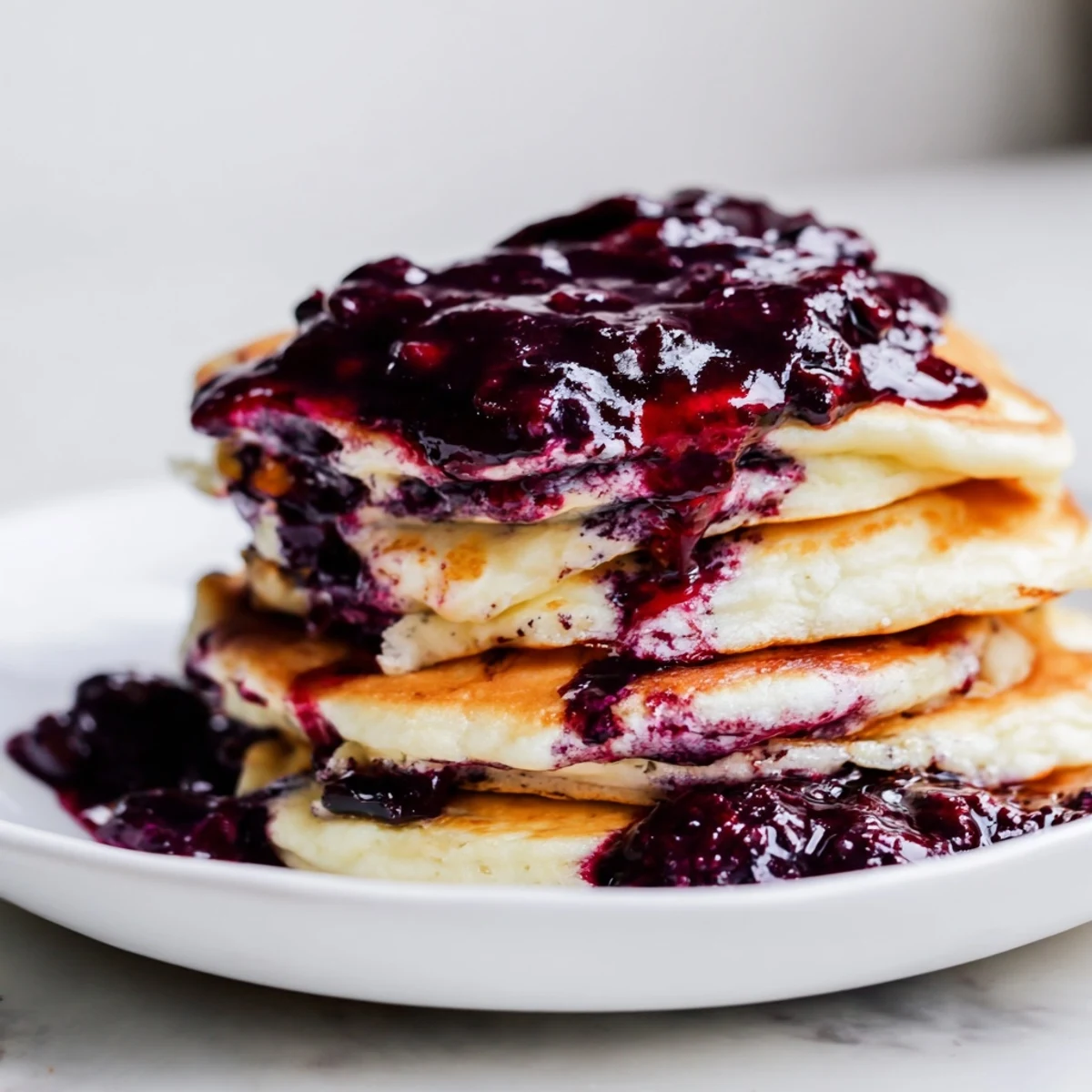 Golden-brown Lemon Ricotta Pancakes with Blueberry Syrup rest on a plate, surrounded by fresh blueberries and lemon slices for a bright, inviting brunch scene.