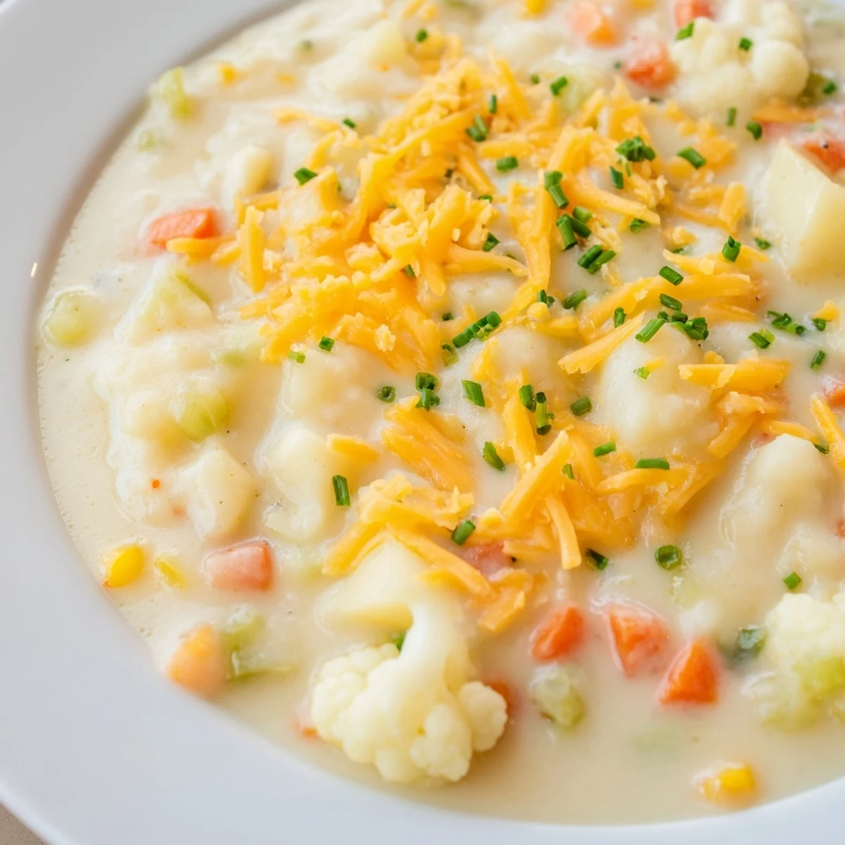 A steaming bowl of creamy cauliflower cheddar chowder, garnished with fresh chives and extra melted cheese, served alongside crusty bread.