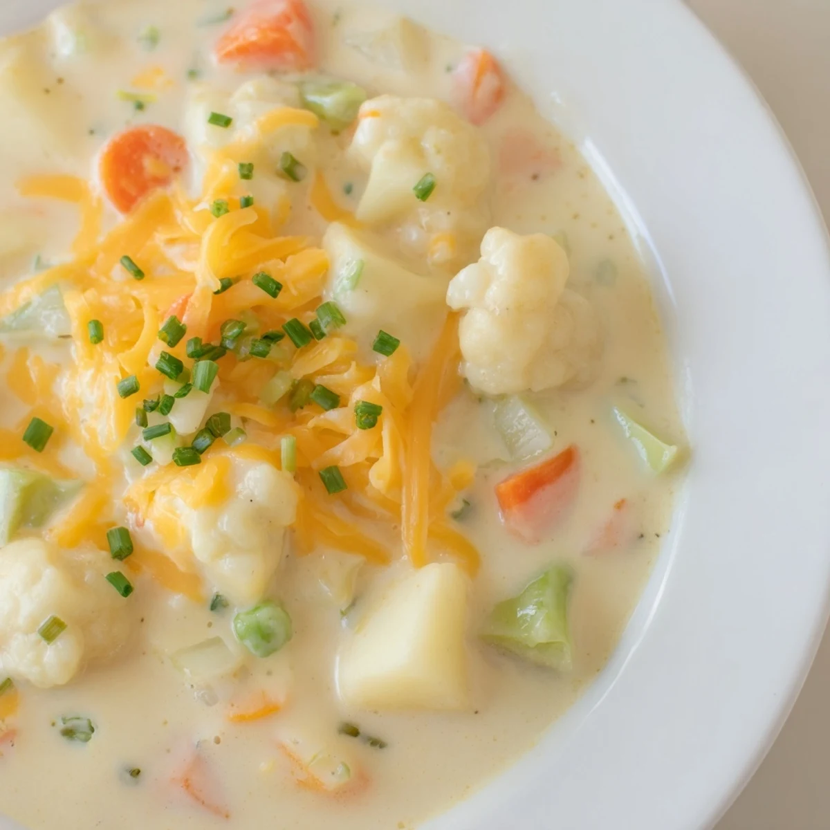 Homemade creamy cauliflower cheddar chowder in a rustic bowl, topped with fresh chives and paired with a side salad for a complete meal.