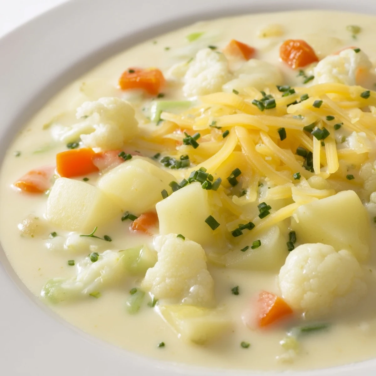 Warm, velvety cauliflower cheddar chowder simmering in a pot, featuring tender vegetables and a rich, comforting texture perfect for chilly evenings.
