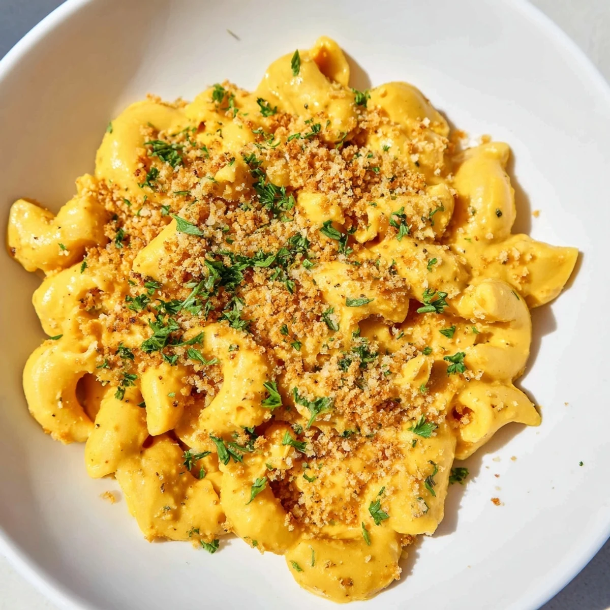 A close-up of Vegan Butternut Squash Mac and Cheese in a white bowl, showcasing the creamy orange sauce coating every elbow pasta.