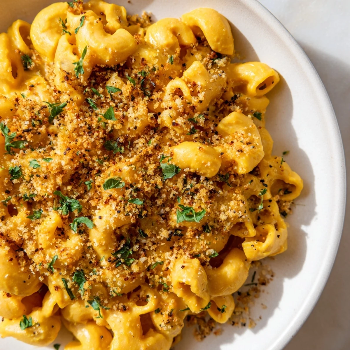 Golden roasted butternut squash cubes and fresh parsley garnish this comforting plant-based mac and cheese, highlighting the vibrant, dairy-free sauce.