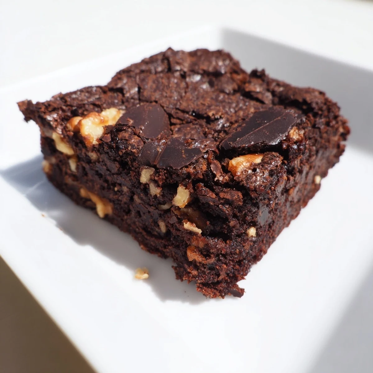 Freshly baked gluten-free almond flour brownies in an 8-inch square pan, rich with dark chocolate chips and cocoa.