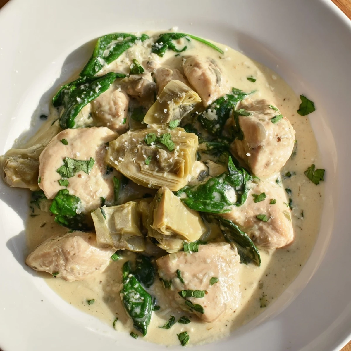 Golden-brown chicken breasts nestled in a creamy spinach and artichoke skillet, garnished with fresh parsley and ready to serve.