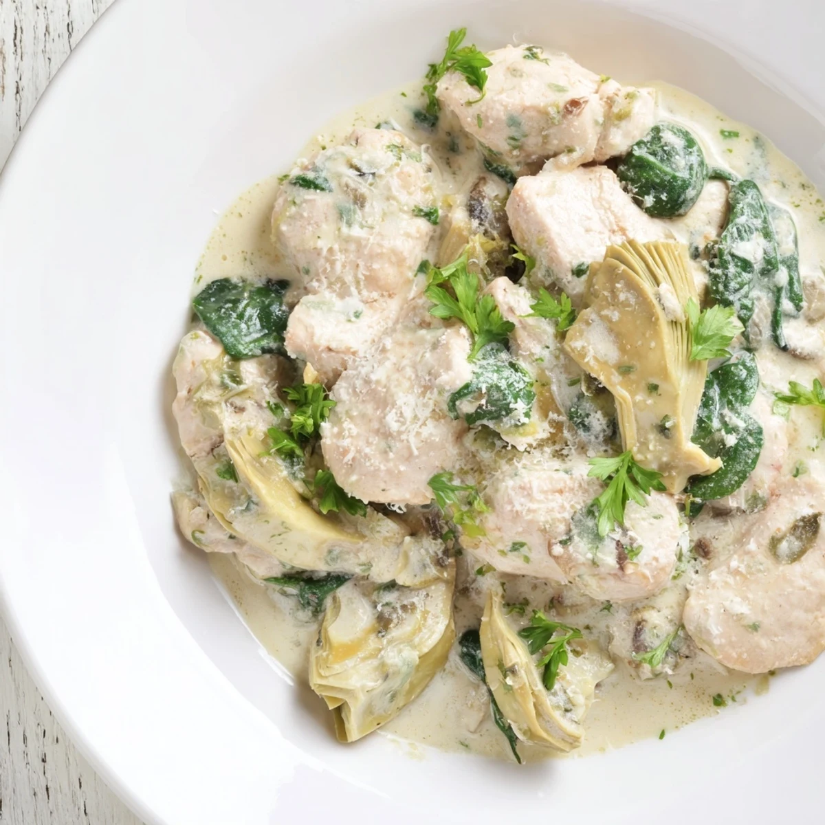 Savory one-pan spinach and artichoke chicken skillet, perfect for a low-carb weeknight dinner with a side of crusty bread.