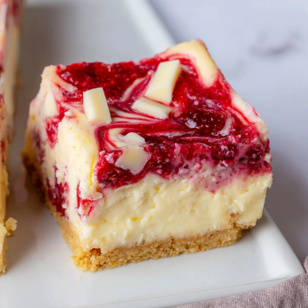 Freshly baked Raspberry White Chocolate Cheesecake Bars with a buttery graham cracker crust and creamy white chocolate chunks, presented on a rustic wooden cutting board.