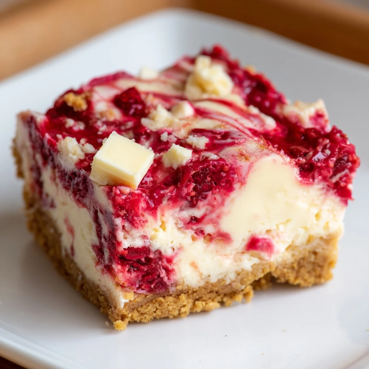 Homemade Raspberry White Chocolate Cheesecake Bars garnished with fresh raspberries, ready to serve for a sweet dessert on a marble countertop.