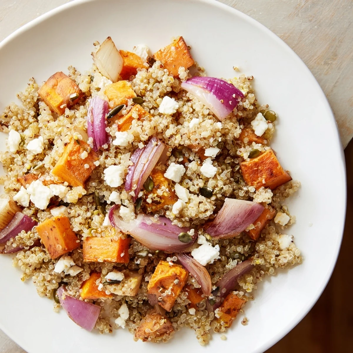 Fluffy quinoa and golden roasted root vegetables tossed in a zesty lemon-herb dressing.