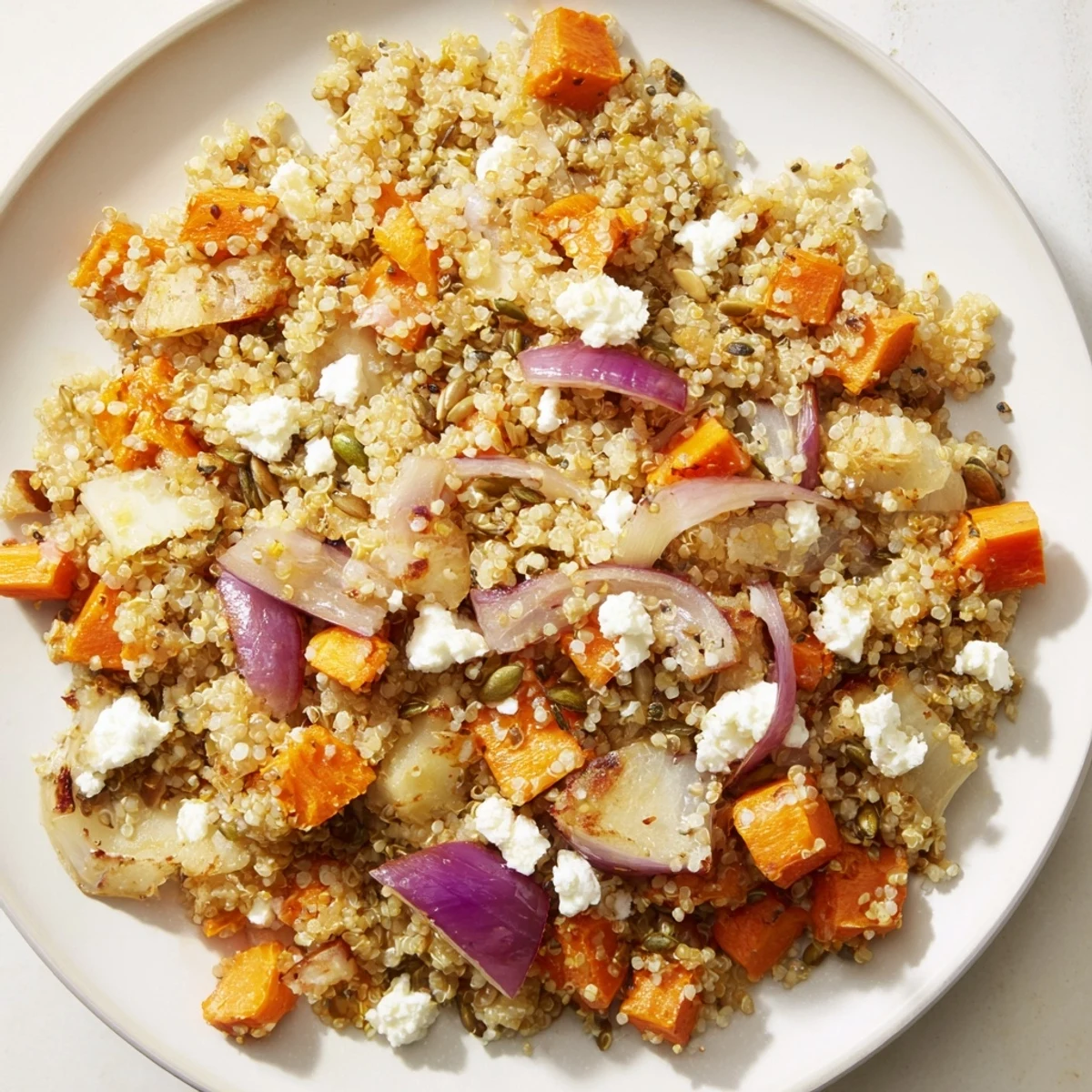 Hearty Warm Quinoa Salad with Roasted Root Vegetables served warm, topped with feta and crunchy pumpkin seeds.