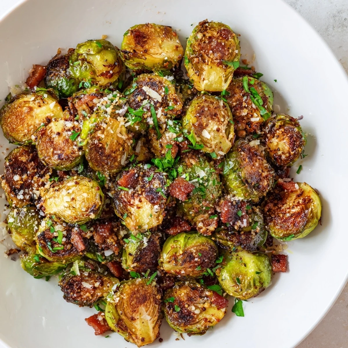 A close-up of savory roasted Brussels sprouts with turkey bacon on a rustic serving dish, steam rising.  