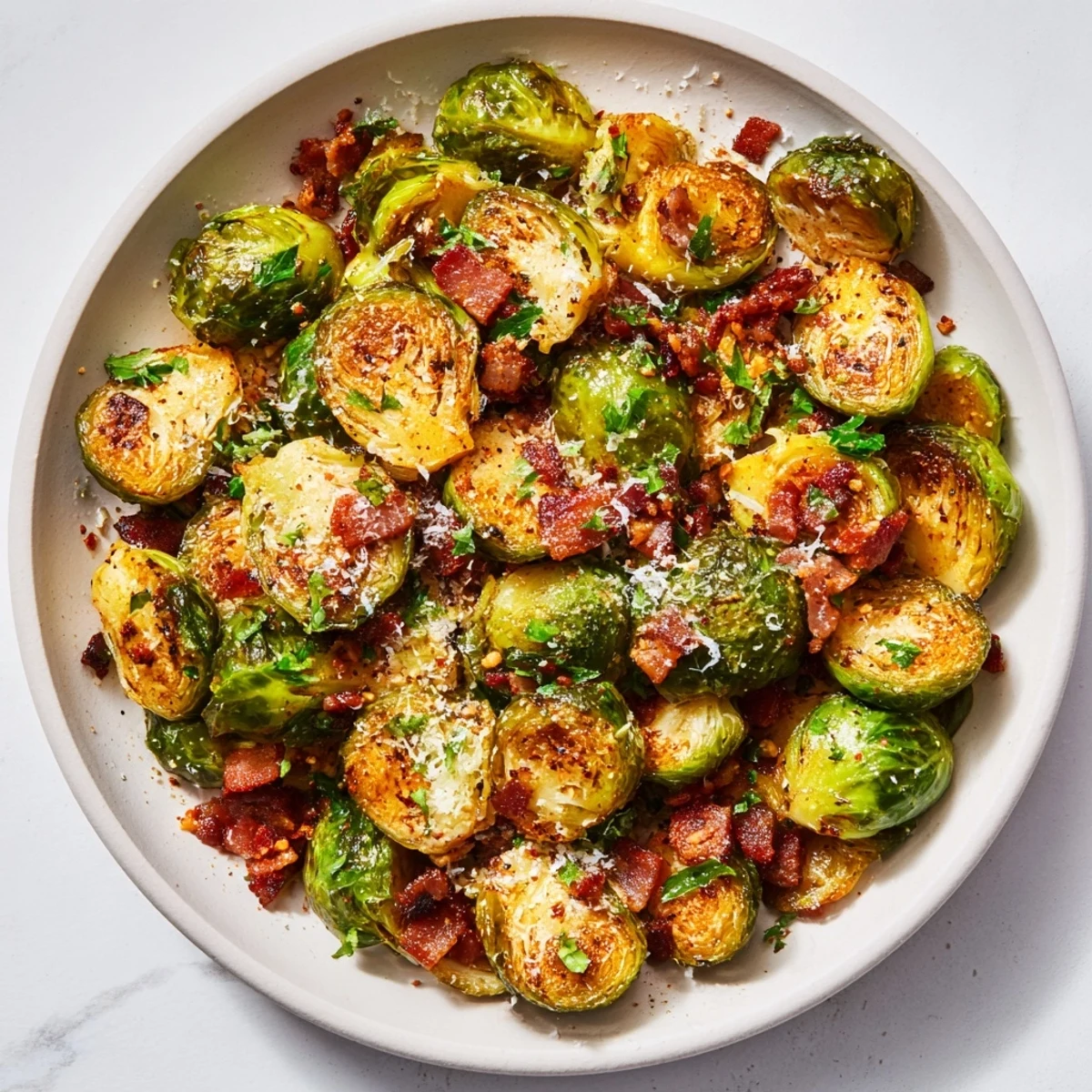 A healthy side dish of roasted Brussels sprouts tossed with crispy turkey bacon, served hot.