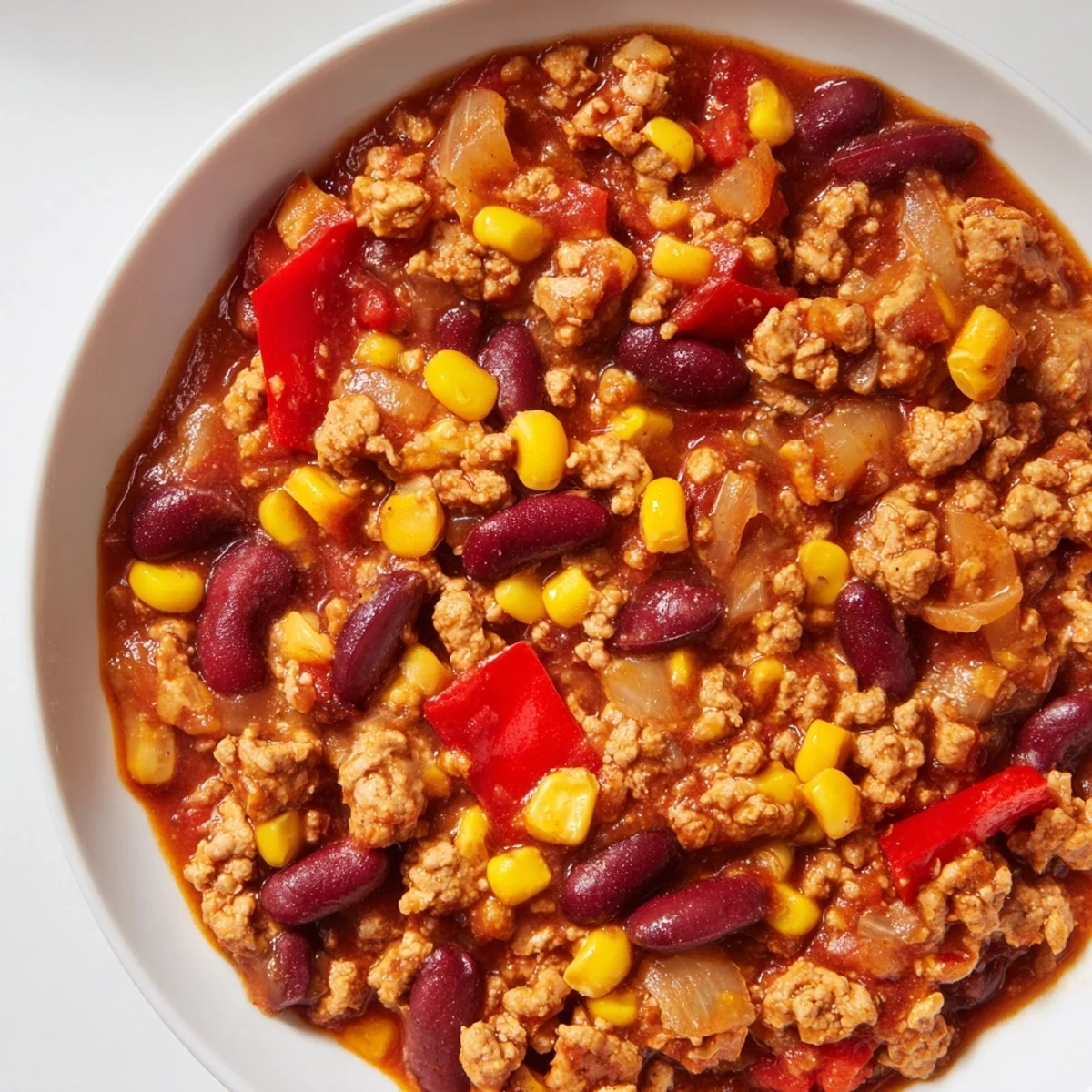 A steaming bowl of Turkey Chili with Kidney Beans and Corn, topped with fresh cilantro and green onions, served alongside warm cornbread.