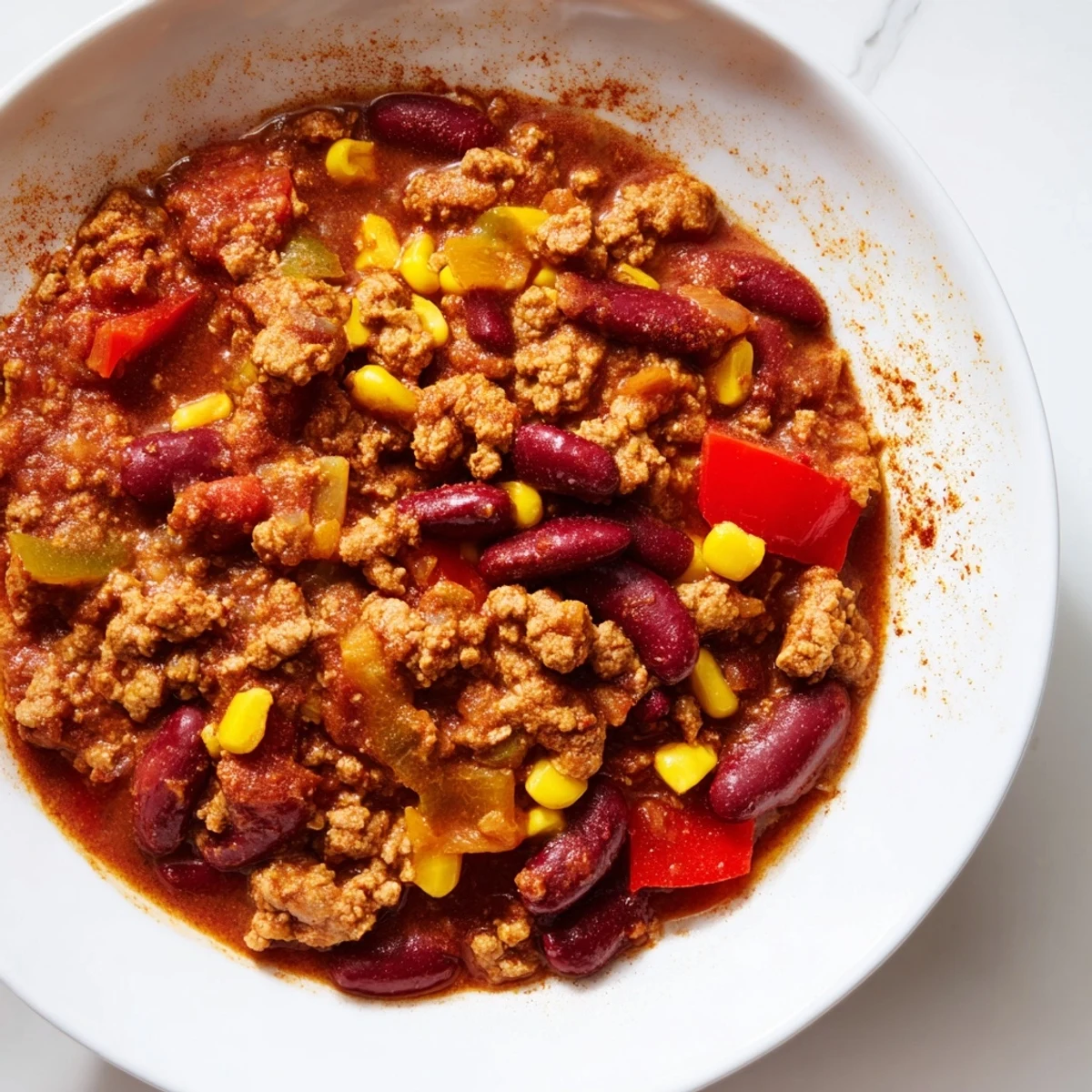 Hearty Turkey Chili with Kidney Beans and Corn simmers in a Dutch oven, with a wooden spoon lifting a rich, spiced mixture.