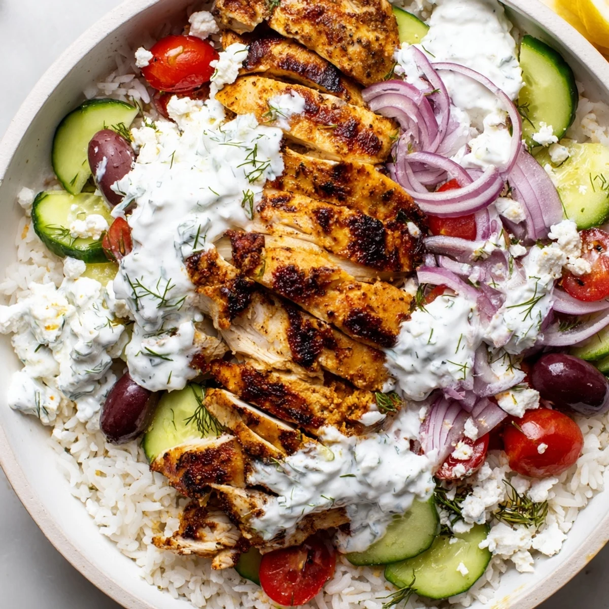 Greek Chicken Gyro Bowls with Tzatziki feature tender marinated chicken, crisp vegetables, and creamy sauce over fluffy rice for a vibrant meal.