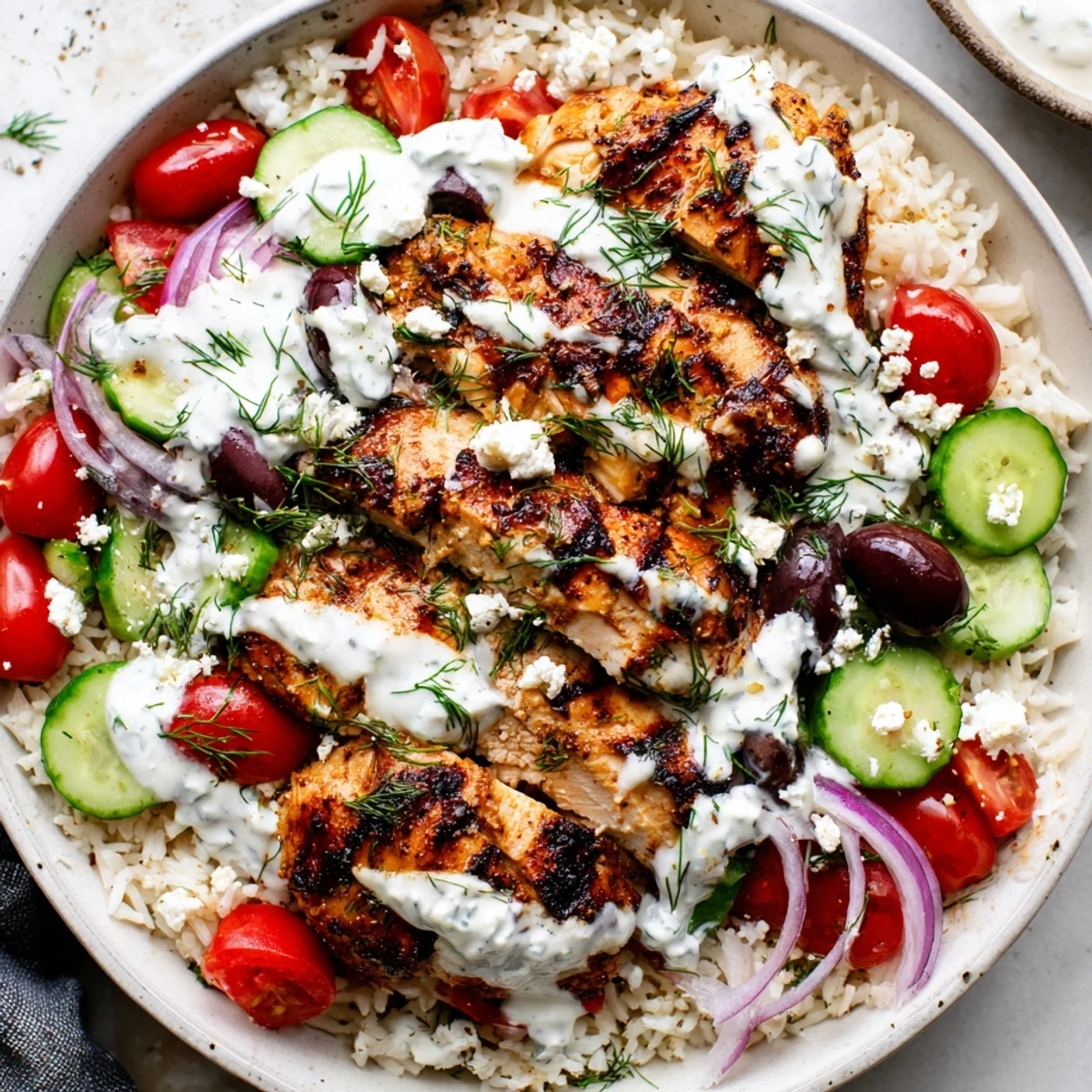Freshly prepared Greek Chicken Gyro Bowls with Tzatziki include cucumbers, cherry tomatoes, and herbs, drizzled with creamy homemade sauce.