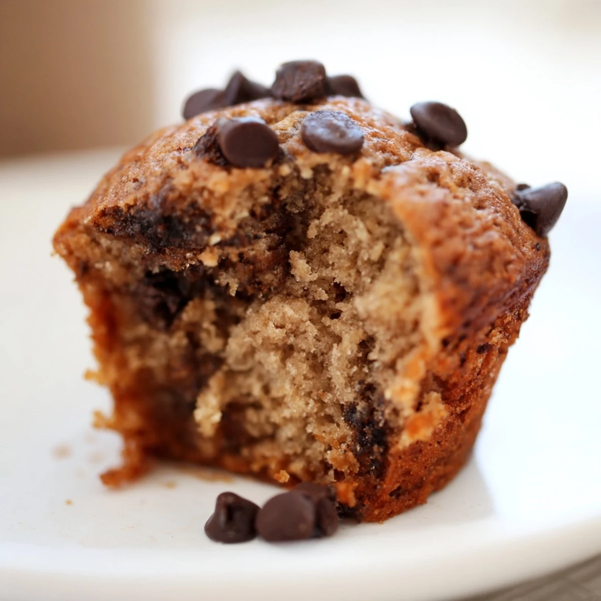 Homemade Chocolate Chip Banana Bread Muffins served on a white plate, drizzled with chocolate and sliced open.