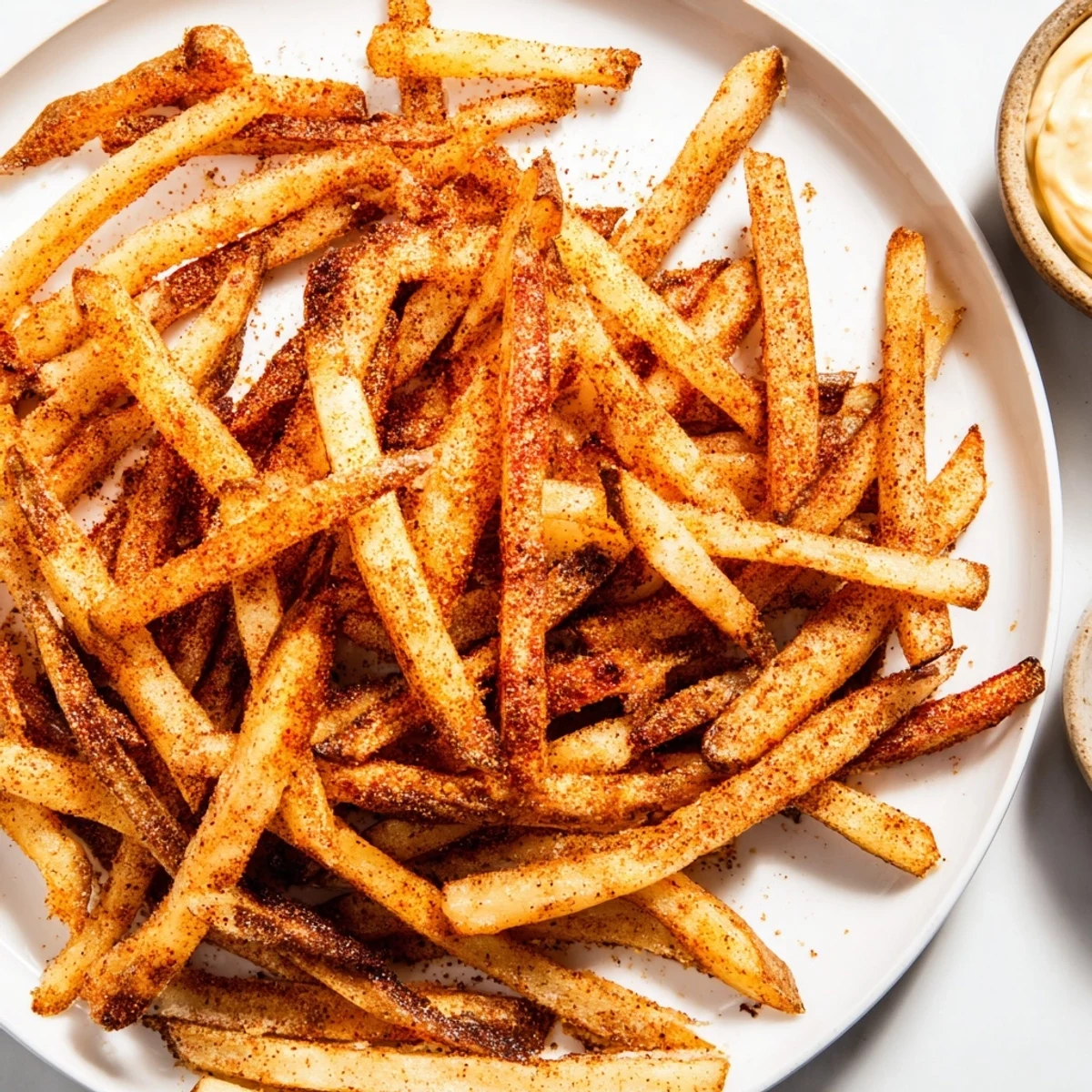 Golden, crispy Cajun Spiced Fries with Remoulade Dip arranged on a rustic plate, ready for dipping.