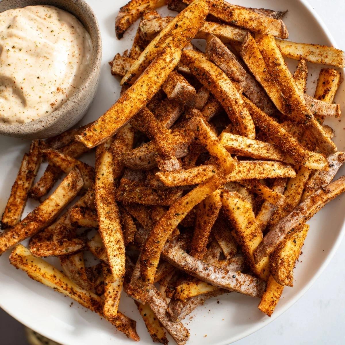 A close-up of seasoned Cajun Spiced Fries with Remoulade Dip, garnished with fresh parsley and served hot.