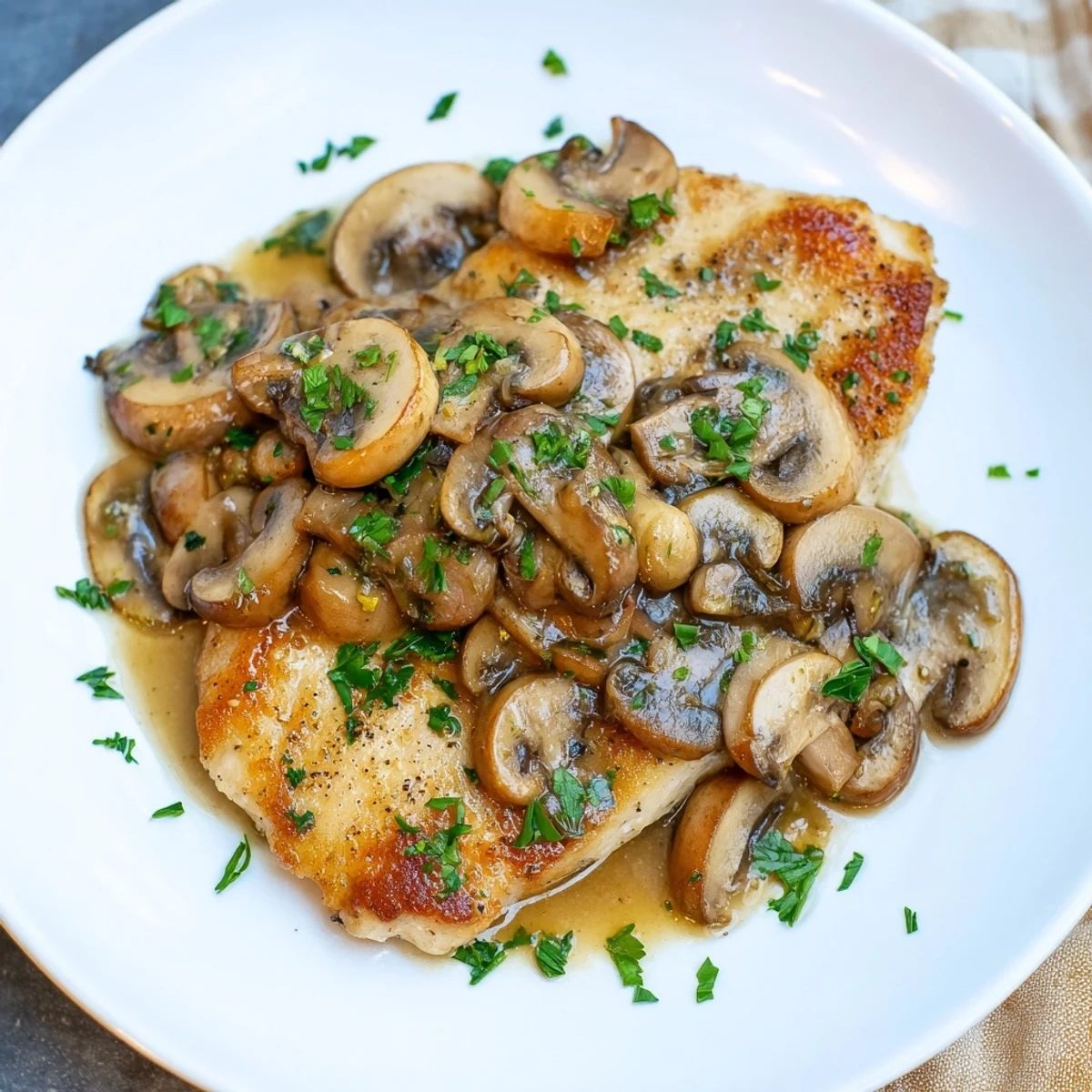 Golden-brown Chicken Marsala with mushrooms and parsley in a rich Marsala sauce.