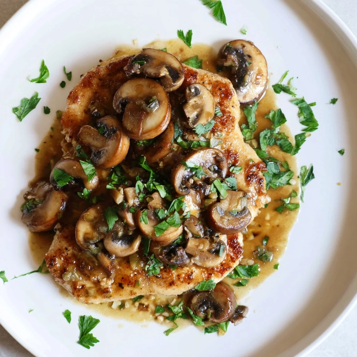 Tender Chicken Marsala with mushrooms and parsley served with mashed potatoes and lemon wedges.