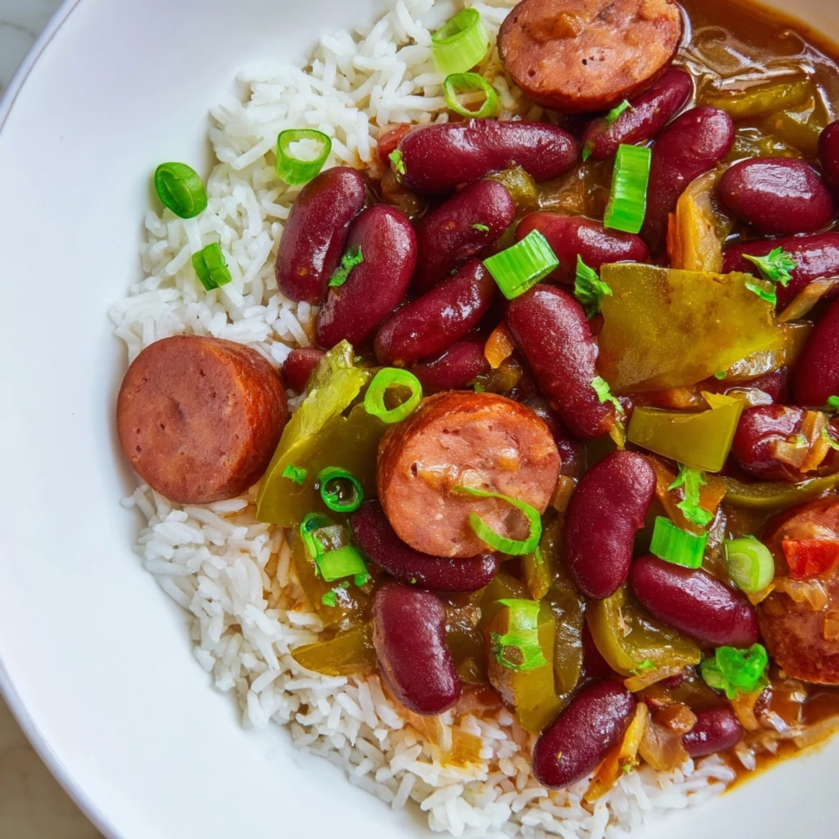 Hearty Southern red beans and rice with sliced smoky beef sausage, diced bell peppers, and celery served over warm white rice.