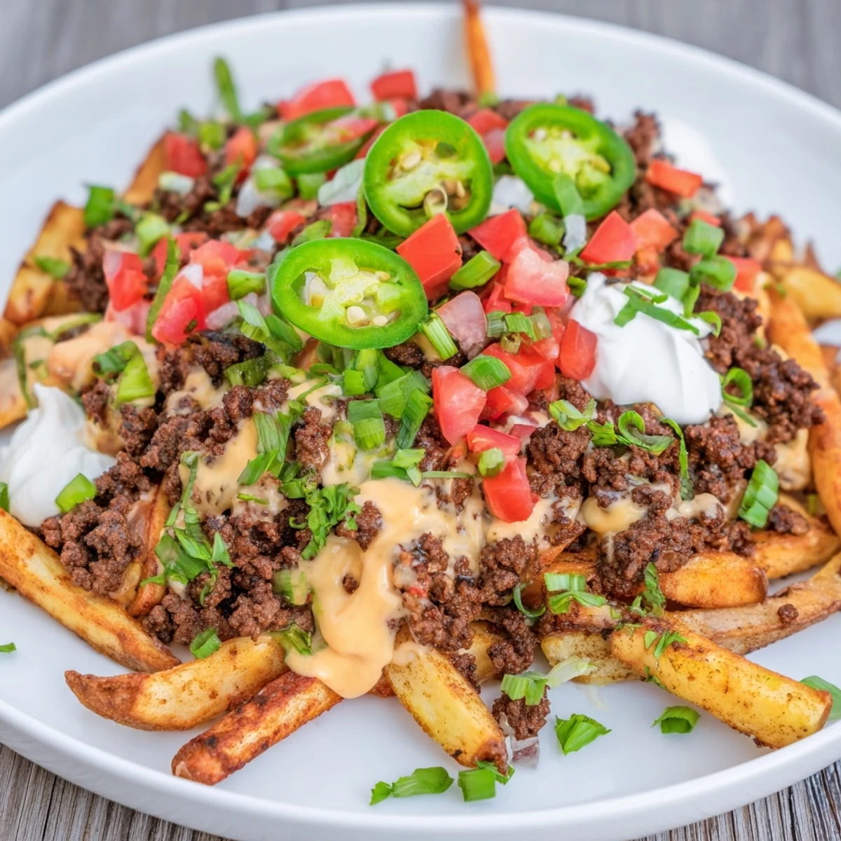 Golden crispy Loaded Nacho Fries with queso and spiced beef, topped with tomatoes, jalapeños, and fresh cilantro on a platter.