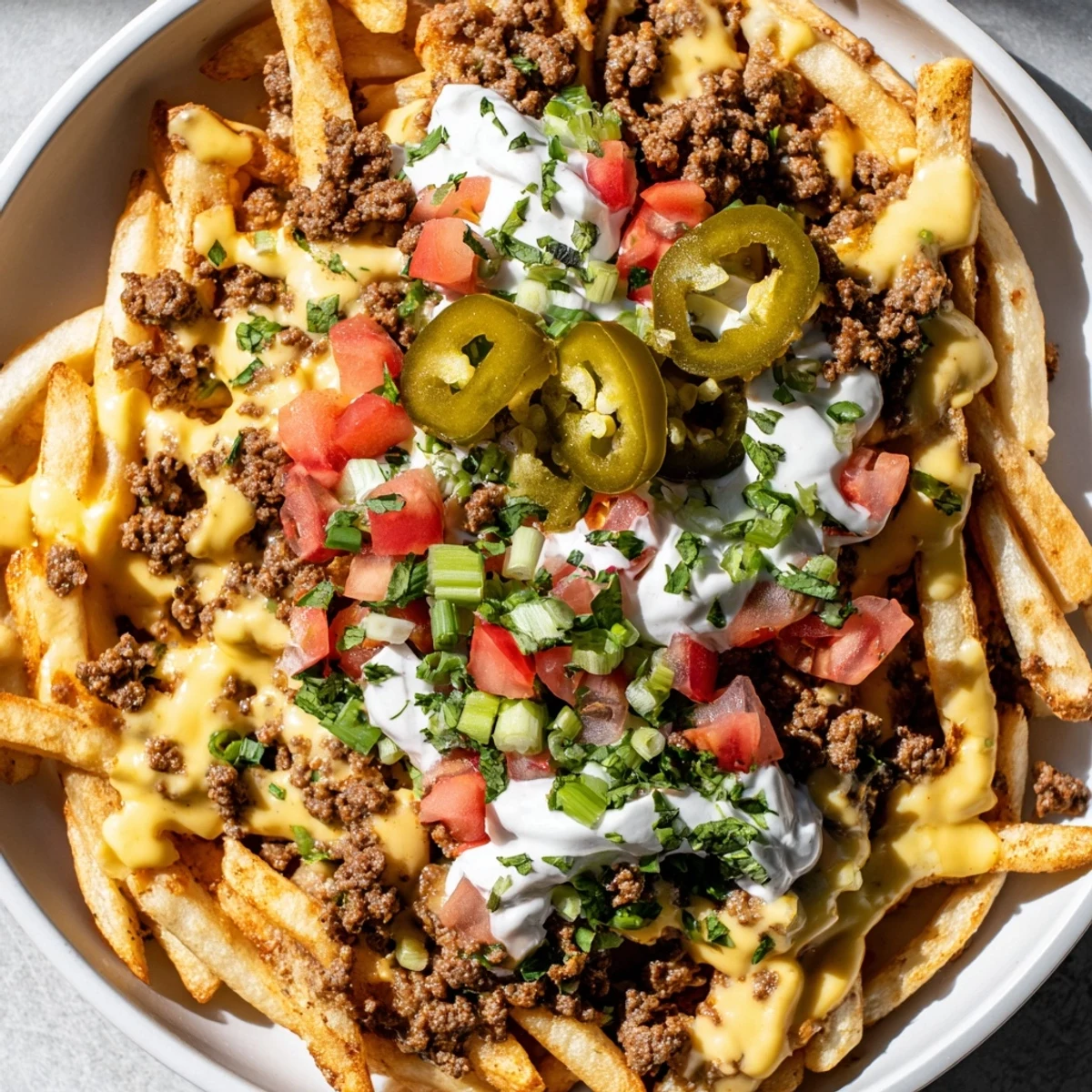 Platter of Loaded Nacho Fries with seasoned ground beef, melted queso, and sour cream drizzle for a party-ready snack.