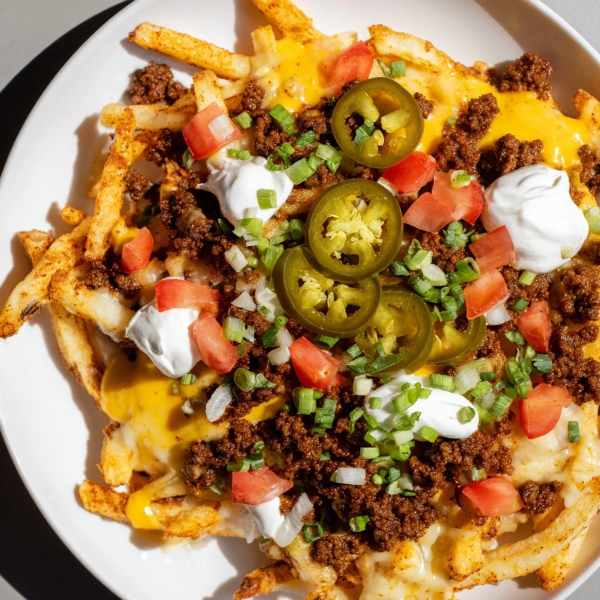 Baked Loaded Nacho Fries loaded with beef and creamy queso, garnished with green onions and jalapeños for extra kick.