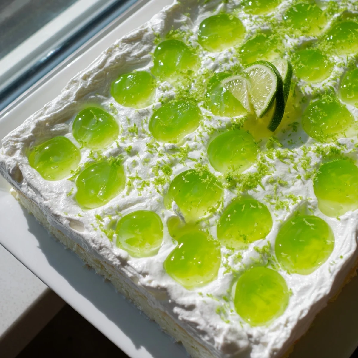 A chilled slice of Lime Poke Cake with fluffy whipped cream and fresh lime zest garnish.