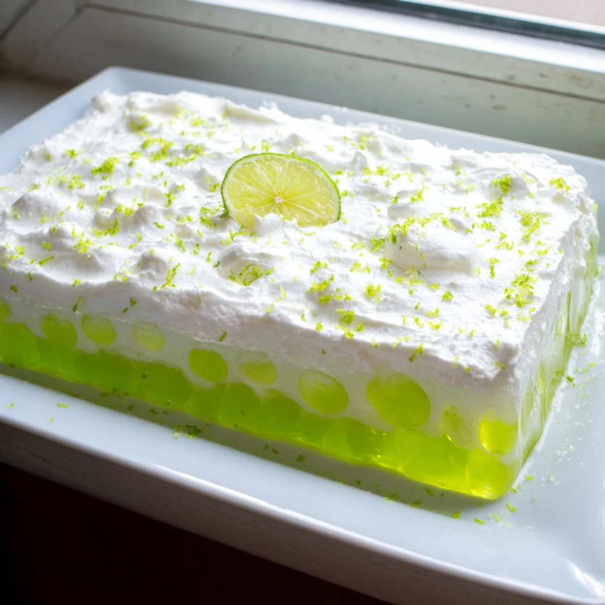 Lime Poke Cake soaked in gelatin, topped with sweet whipped cream and bright citrus zest.