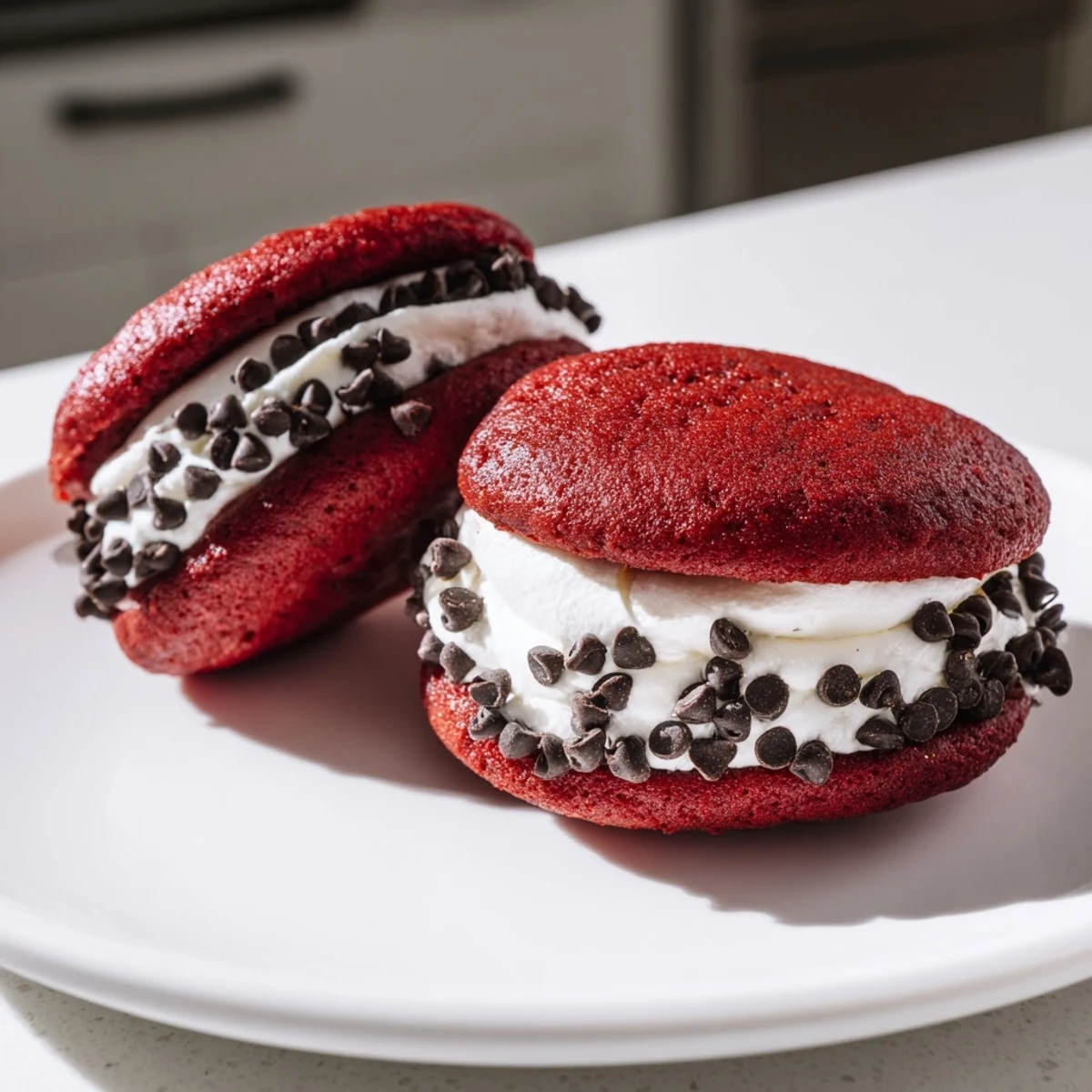 Freshly baked red velvet whoopie pies sit on a cooling rack, their vibrant crimson color contrasting with the fluffy white filling.  