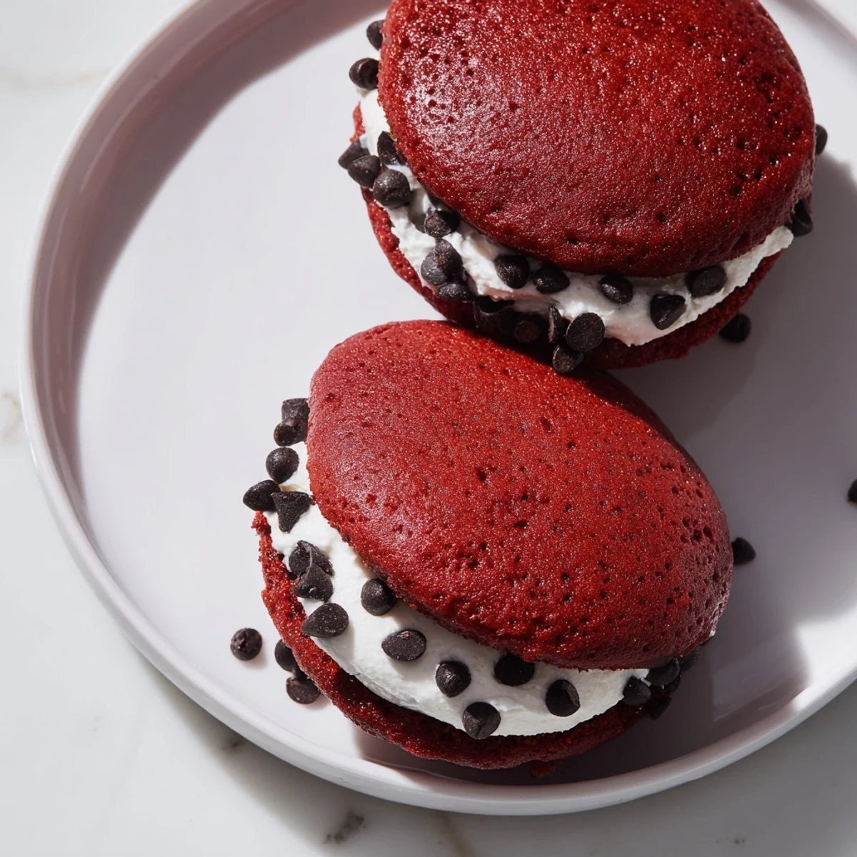 Two fluffy, soft red velvet cakes sandwich a generous swirl of creamy marshmallow filling for a classic American dessert.  