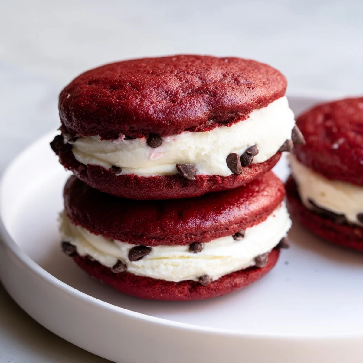 Stacked red velvet whoopie pies show the moist, velvety cake layers and marshmallow filling, perfect for a party platter.