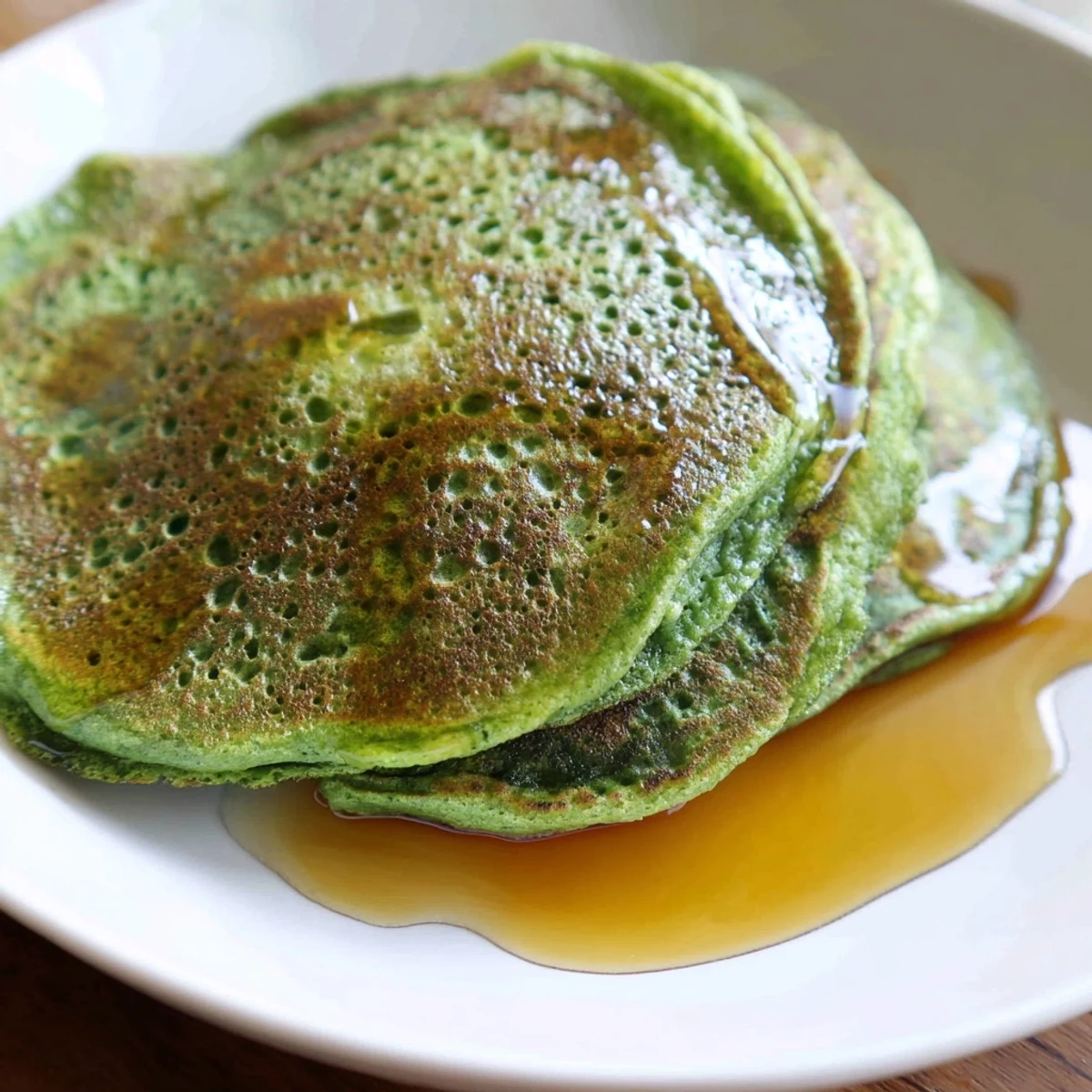 Stack of fluffy green pancakes topped with a pat of butter and drizzled with maple syrup, served on a white plate.